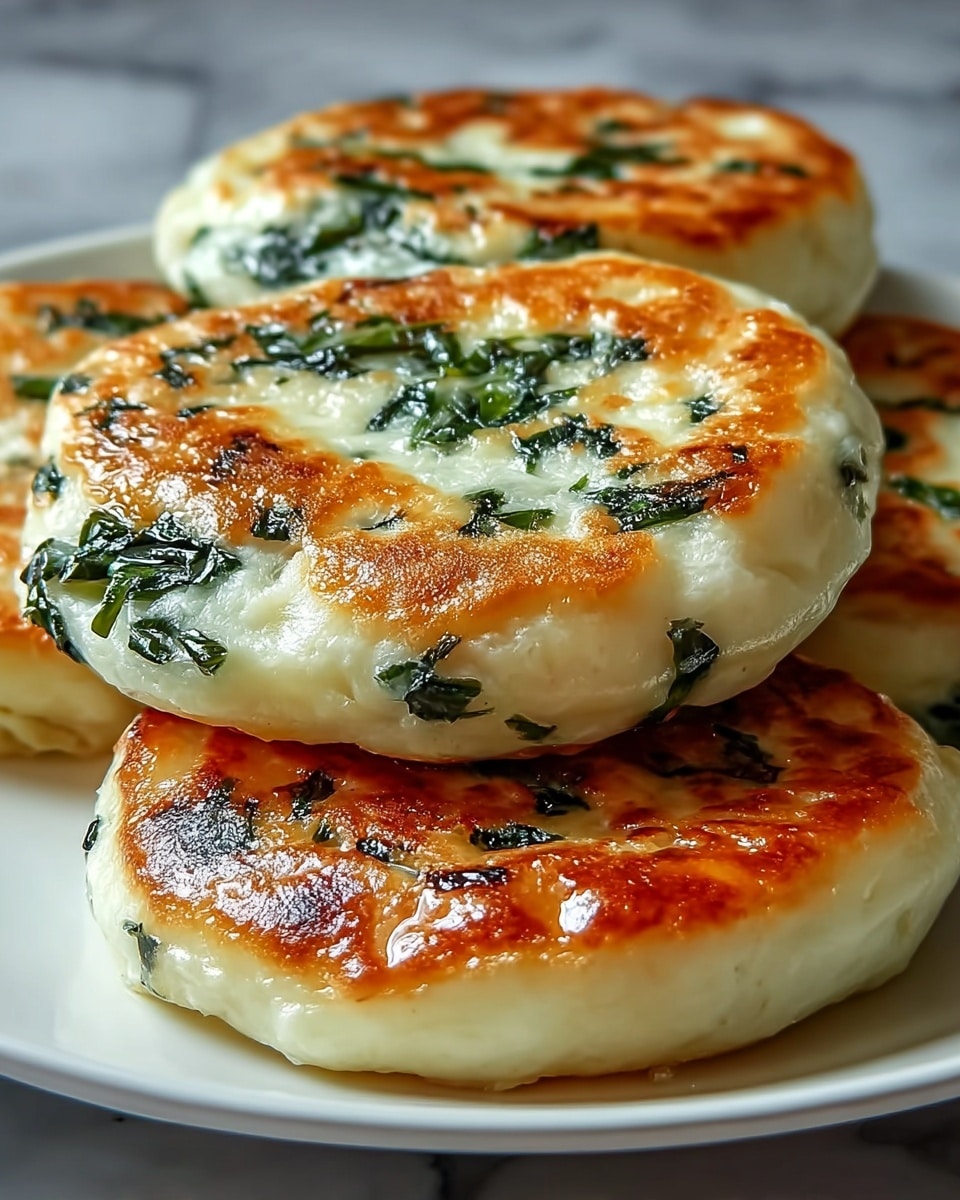 The image shows three thick, round pancakes stacked on a white plate placed on a white marbled surface. Each pancake has a golden-brown top with a shiny, slightly oily texture. Within the fluffy, creamy white body of the pancakes, there are visible dark green leafy herb pieces spread evenly throughout. The edges are crispy with a light brown color, providing contrast to the soft middle and the rich green herbs inside. The pancakes have a smooth yet slightly bumpy texture due to the distribution of the herbs. Photo taken with an iphone --ar 4:5 --v 7