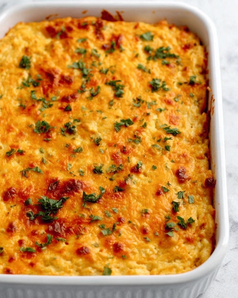 The image shows a white rectangular baking dish filled with a cooked cheesy casserole. The top layer is golden orange with melted cheese that has slightly browned edges. Small green parsley pieces are sprinkled unevenly on the surface for color contrast. The texture of the cheese looks smooth but slightly bubbly with a few small raised spots. The white marbled surface beneath the dish adds a clean and bright background. photo taken with an iphone --ar 4:5 --v 7