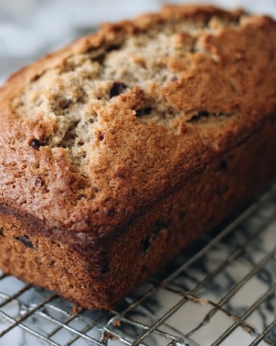 The image shows a close-up of a baked loaf with a golden brown crust and a slightly cracked top. The loaf has visible dark spots inside, which appear to be bits of fruit or chocolate, in a light beige interior. It rests on a wire cooling rack placed on a white marbled surface. The texture of the loaf looks soft and moist inside, with a firm crust on the outside. photo taken with an iphone --ar 4:5 --v 7