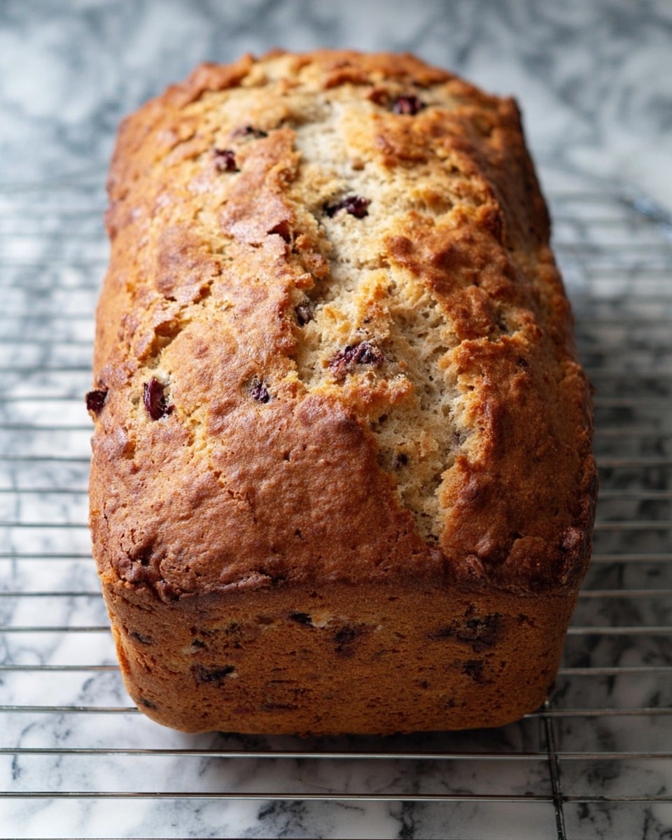 This image shows a single loaf of bread with a rough golden-brown crust, small cracks, and an uneven top. The inside is light beige with scattered dark spots from berries or chocolate chips. The bread is sitting on a cooling rack placed on a white marbled surface. The texture of the bread's crust looks crisp, while the inside seems soft and moist. photo taken with an iphone --ar 4:5 --v 7