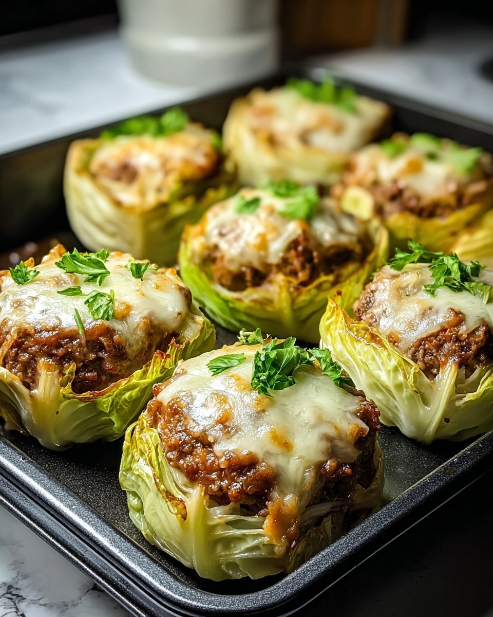 The image shows six stuffed cabbage cups arranged in two rows on a black baking tray. Each cup has three layers: the bottom layer is light green, slightly browned cabbage leaves wrapping the edges; the middle layer is a thick, browned meat patty with a textured surface; the top layer is melted, creamy white cheese covering the meat, topped with small bright green parsley leaves for garnish. The tray sits on a white marbled surface with a soft focus background. photo taken with an iphone --ar 4:5 --v 7