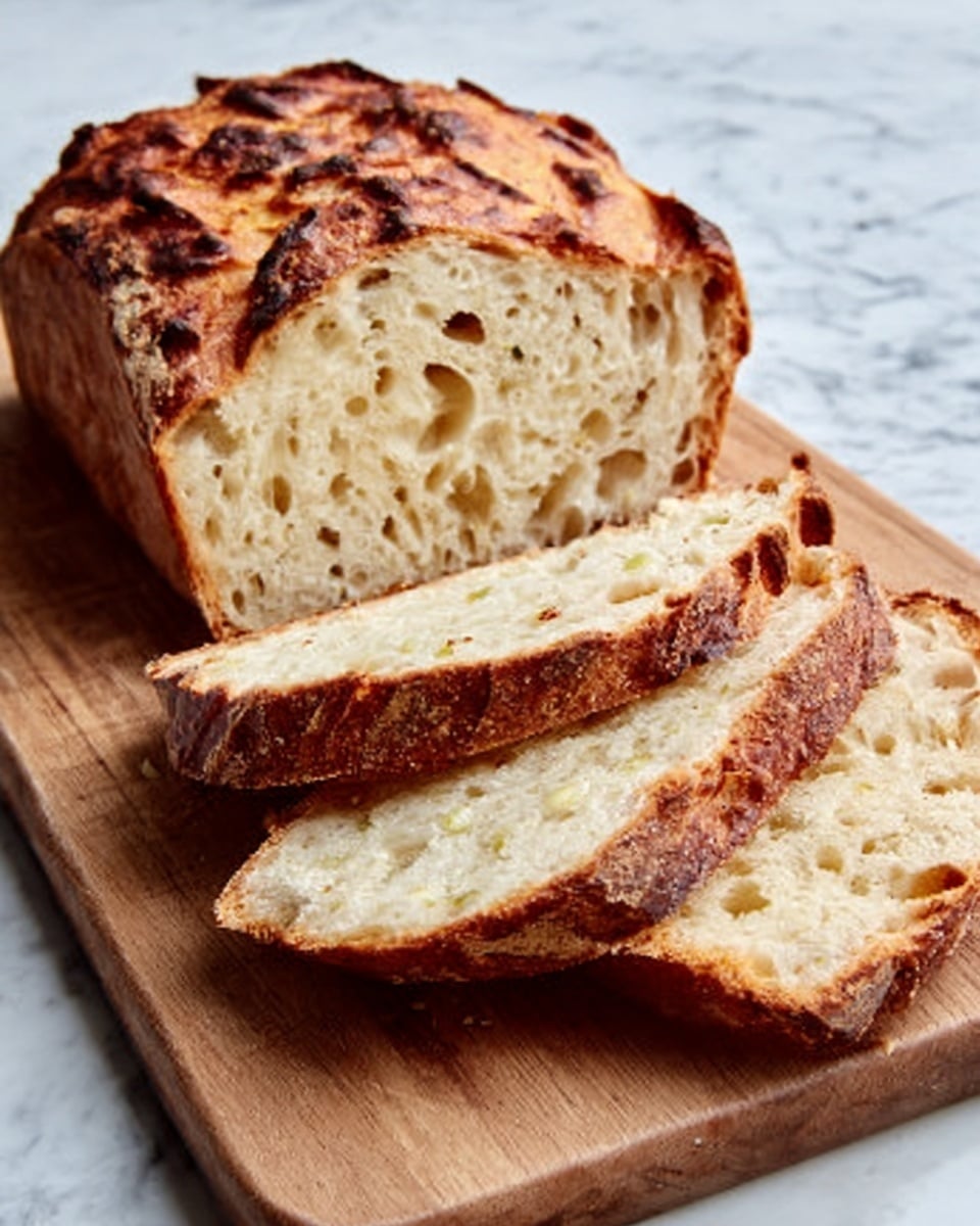A loaf of bread sliced into several pieces rests on a wooden cutting board, showing a golden brown crust with light charring and a soft, airy interior with many small, irregular holes. The crust has a slightly rough texture with darker spots, while the inside is pale cream with a moist, porous look. The cutting board is placed on a white marbled surface. Photo taken with an iphone --ar 4:5 --v 7