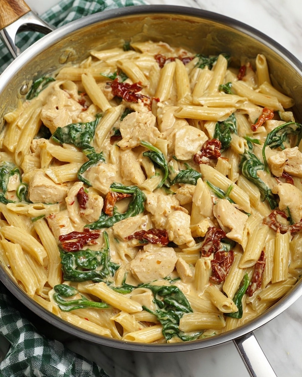 A close-up view of a large stainless steel pan filled with creamy pasta, featuring three main visible layers: the bottom layer is made up of smooth, beige creamy sauce evenly coating the contents, the middle layer consists of al dente penne pasta in light yellow tone, and the top layer includes tender pieces of pale chicken, dark green spinach leaves, and scattered sun-dried tomatoes with deep red hues and wrinkled textures. The pan is set on a white marbled surface with a folded green and white checkered cloth in the background. Photo taken with an iphone --ar 4:5 --v 7