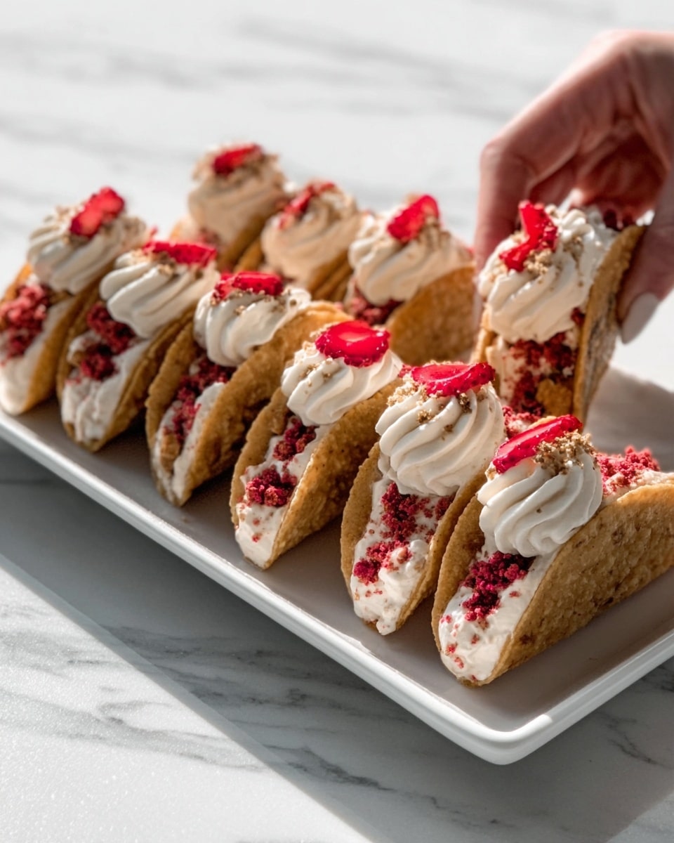 The image shows a white rectangular plate holding seven small taco-shaped desserts arranged in a neat row. Each taco shell is light brown with a slightly crispy texture. Inside, there is a thick layer of creamy white filling that looks smooth and soft. On top of this cream, there are scattered bits of bright red crumbled topping adding a crunchy texture. Each taco is garnished with a small swirl of white cream and a tiny slice of red fruit placed on top, adding a fresh and colorful touch. The plate sits on a white marbled surface. The lighting is bright and natural, and a woman's hand is gently holding one of the tacos at the side. photo taken with an iphone --ar 4:5 --v 7