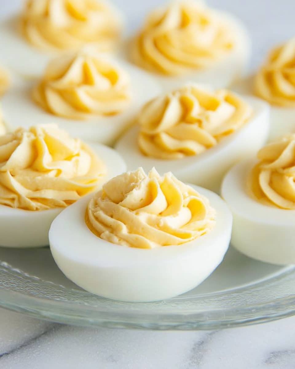The image shows a close-up view of several deviled eggs neatly placed on a clear white plate with a white marbled surface underneath. Each egg has two main parts: the smooth, solid white outer layer and the creamy, pale yellow filling piped into the hollow center in a slightly swirled pattern, giving a soft, fluffy texture. The eggs are arranged close together, filling the plate in a visually pleasing way. Photo taken with an iphone --ar 4:5 --v 7