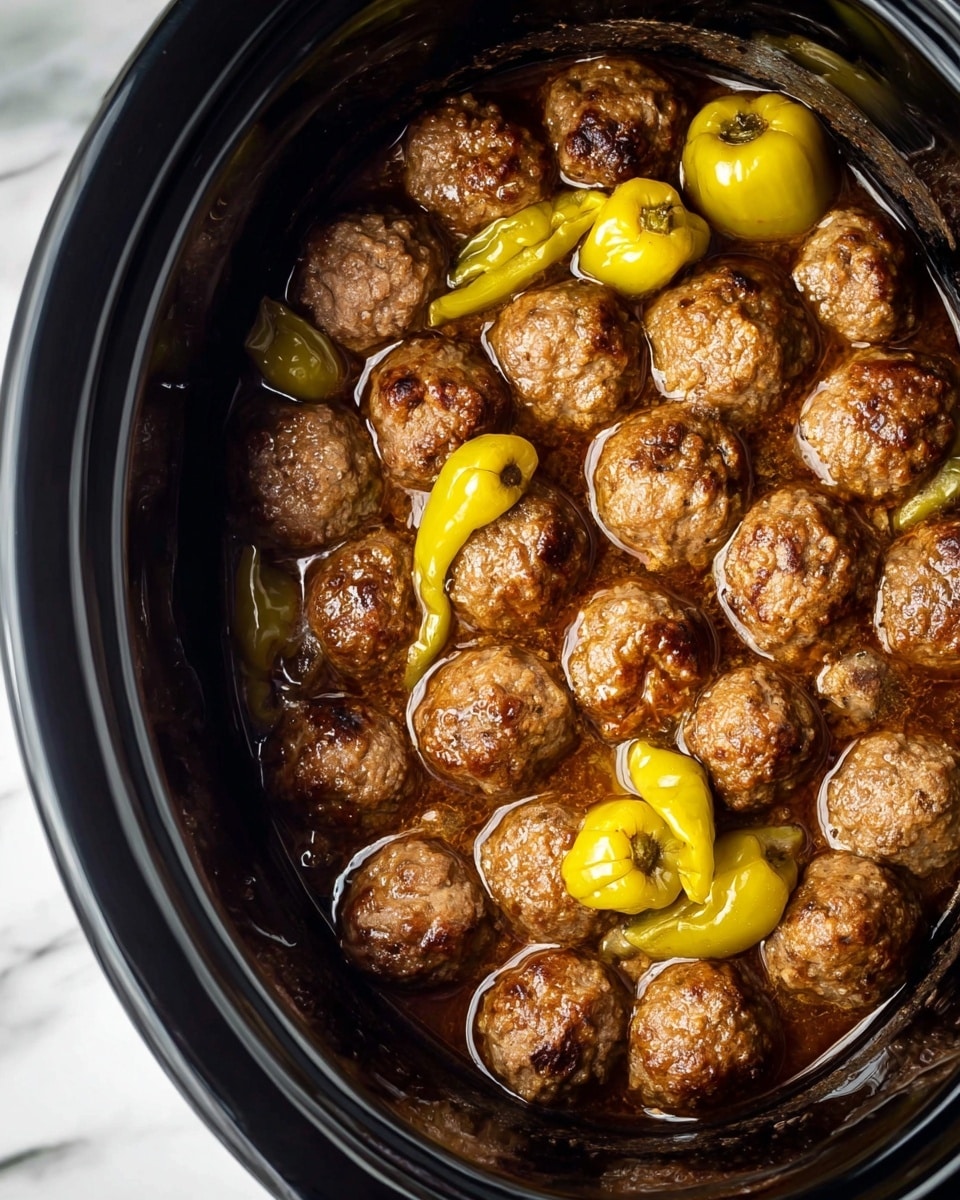 A close-up image shows a shiny ladle holding several brown meatballs with a cooked texture, glistening with sauce. Next to the meatballs, there is a bright yellow pepper with a smooth, glossy skin. The ladle is filled with brown meatballs, and more meatballs are seen in the background, resting in a rich brown sauce. The setting has a dark background, making the meatballs and the yellow pepper stand out clearly. photo taken with an iphone --ar 4:5 --v 7