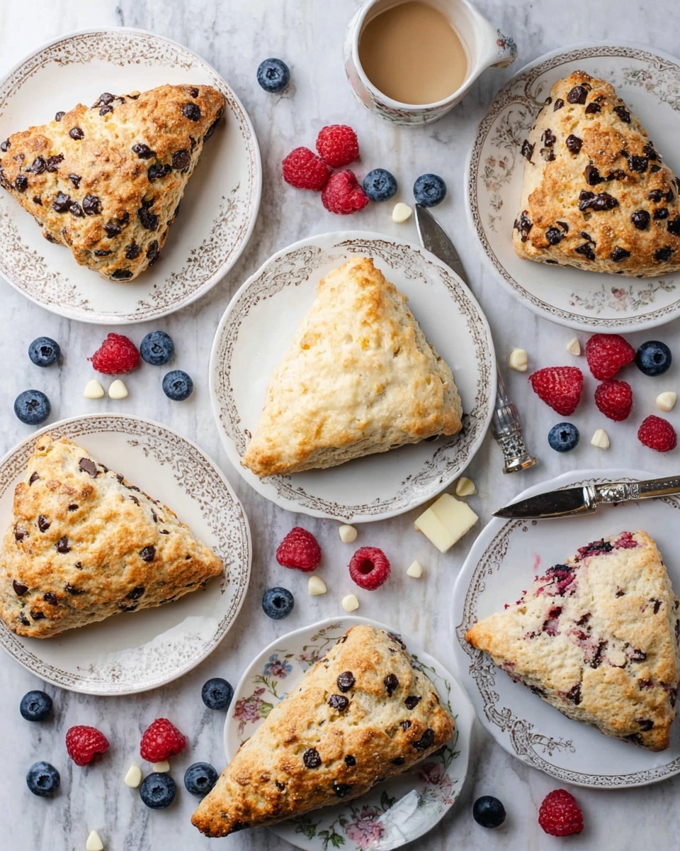 The image shows several triangular scones placed on different white plates with delicate designs, arranged over a white marbled surface. Each scone has a golden-brown crust with varied textures; some have visible dark chocolate chips, others include blueberries with scattered berries around the plates, and a few contain white chocolate chips with raspberries nearby. One plate holds a plain scone with a slightly rough surface in the center, next to a butter knife. The scones have a crumbly, flaky texture with a light golden color and speckled berry or chip pieces throughout. Photo taken with an iphone --ar 4:5 --v 7
