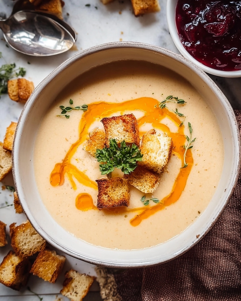 A creamy beige soup fills a white pot with gray edges, with a few small green herb bits mixed in. On top, there are five golden brown toasted croutons arranged in the center, with a drizzle of bright orange oil around them and a small green parsley sprig placed neatly in the middle. A few tiny crispy bits of darker brown bacon or spice are scattered on the soup. Near the top left of the pot, a few more small golden croutons sit on the white marbled surface next to a small round bowl filled with dark red jam. A silver spoon rests on the right side of the white marbled surface. photo taken with an iphone --ar 4:5 --v 7