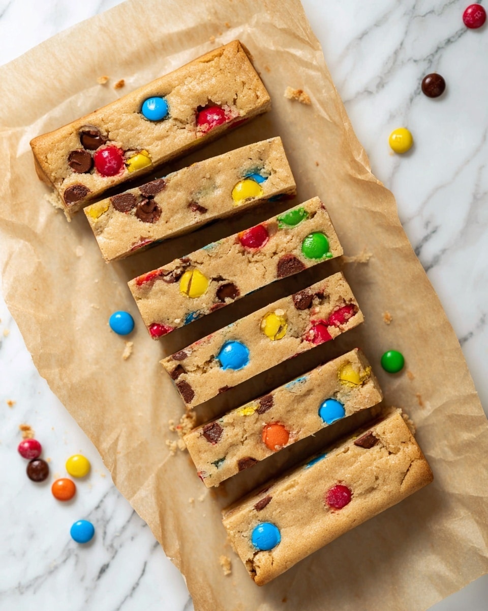 The image shows a close-up of four thick bars stacked slightly unevenly, made of a light brown dough with a dense, soft texture. Each bar is embedded with colorful round candy pieces in blue, green, yellow, red, and orange scattered on top and inside, along with small chocolate chips visible in the dough. The bars rest on a light tan parchment paper that lies on a surface with a white marbled texture. Some candy pieces are also placed in front of the bars on the parchment paper, adding vibrant splashes of color in the foreground. photo taken with an iphone --ar 4:5 --v 7
