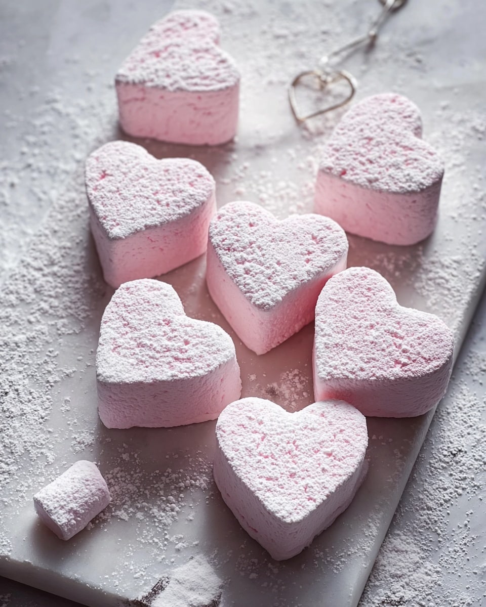 The image shows several soft, pink heart-shaped marshmallows arranged on a white marbled cutting board. Each marshmallow has a light, fluffy texture with a dusting of white powdered sugar on top, giving them a slightly rough surface. The marshmallows are thick and solid, stacked close together with one slightly tilted, showing its side. Powdered sugar is also scattered delicately around the board, adding a snowy touch. There is a silver circular metal clip or handle attached to the cutting board, visible at the bottom right corner. The whole scene rests on a white marbled surface. photo taken with an iphone --ar 4:5 --v 7