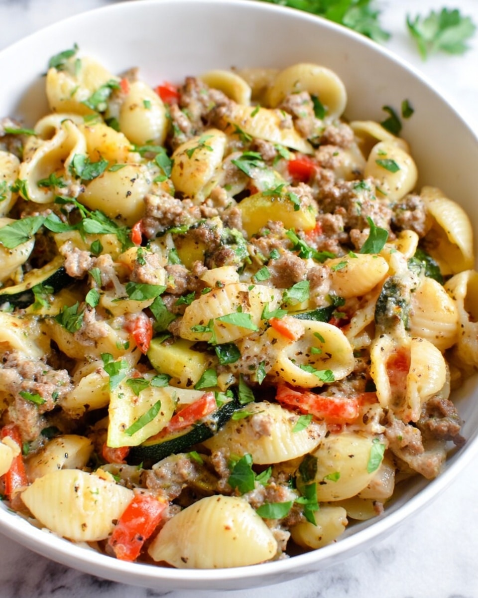 A close-up of a white bowl filled with a pasta dish showing about four layers: the bottom layer features small shell pasta with a light creamy texture in a pale beige color, scattered with chunks of cooked ground meat in brown-gray tones; mixed throughout are slices of green zucchini and pieces of red bell pepper adding brightness; fresh chopped green herbs are sprinkled on top, enhancing the look with fresh leafy texture and vibrant color. The dish looks moist with a light sauce coating, placed on a white marbled surface. Photo taken with an iphone --ar 4:5 --v 7