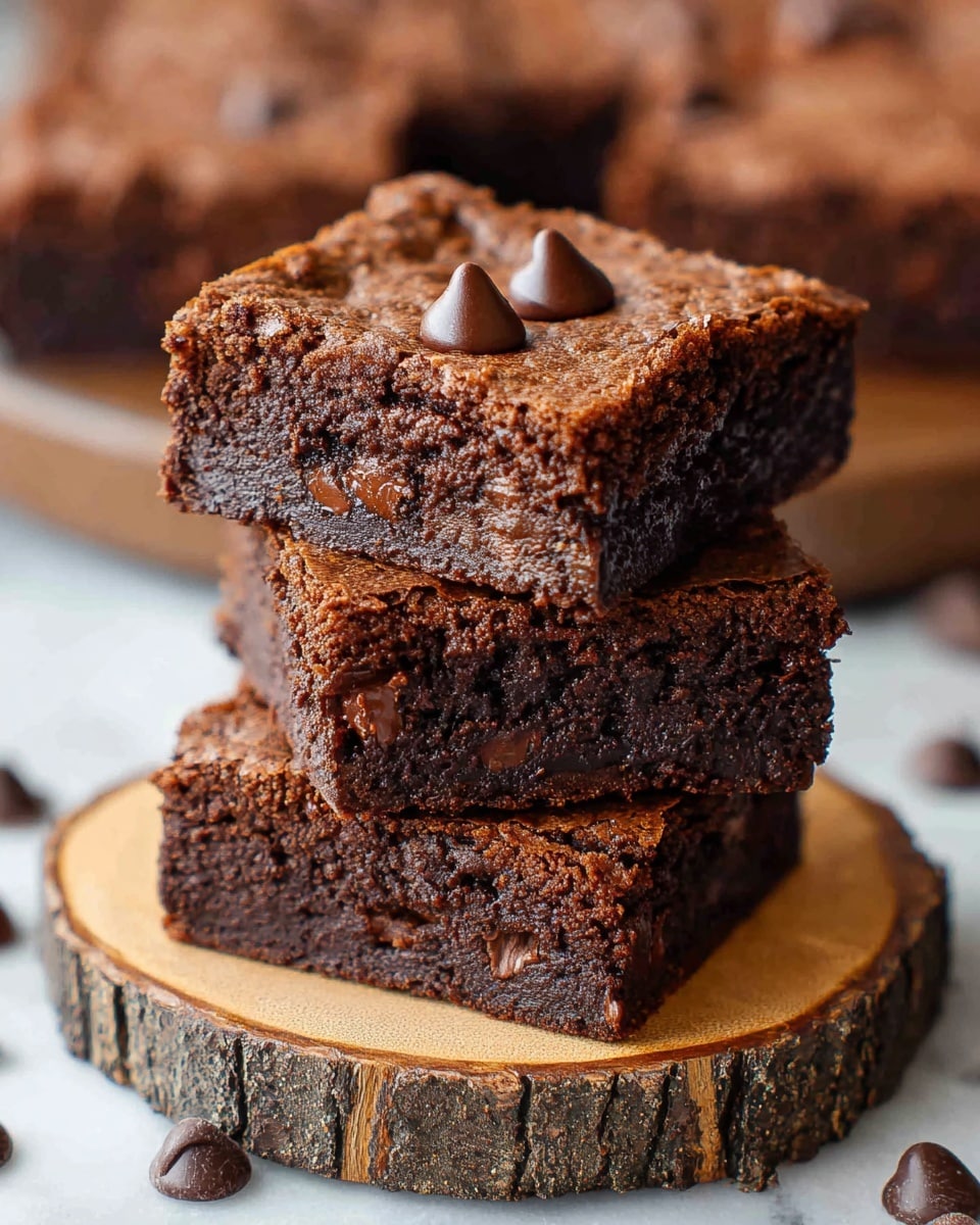 A stack of three thick, soft brownies with a cracked, slightly crispy top layer rich in dark brown color. Each brownie has a dense, moist texture with melted chocolate chunks visible inside, and the top brownie is decorated with two chocolate chips. The stack sits on a round wooden board with rough bark edges, placed on a white marbled surface with a few scattered chocolate chips around. In the background, blurred brownies are spread out. photo taken with an iphone --ar 4:5 --v 7