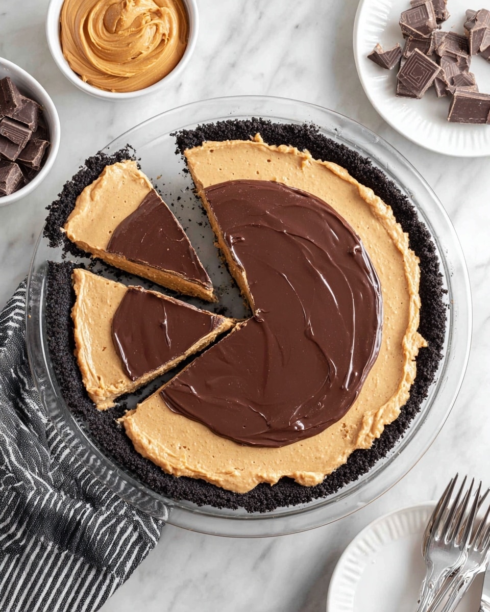The image shows a pie with three distinct layers, all placed in a clear glass pie dish on a white marbled surface. The bottom layer is a dark crumbly base, almost black in color, forming the crust along the edges. On top of that is a thick layer of smooth, creamy peanut butter filling, light brown and spread evenly but with a slightly textured finish. The top layer is a glossy dark chocolate ganache, rich and shiny, covering the center of the pie but smaller in diameter than the peanut butter layer, allowing the peanut butter to be visible around the edges. Three slices have been cut from the pie, showing the clear separation of layers inside. Around the pie, there is a bowl of peanut butter, a small white plate with broken chocolate pieces, a white plate with two forks, and a silver pie server on a black and white striped cloth. Photo taken with an iphone --ar 4:5 --v 7