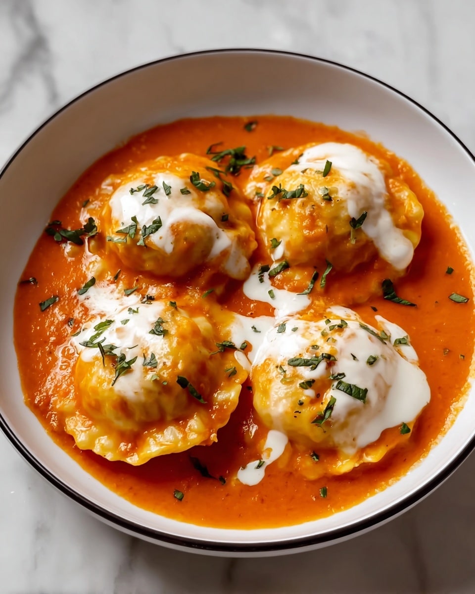 A white bowl with a thin black rim holds four round ravioli pieces covered in bright orange tomato sauce. Each ravioli has a slightly wrinkled texture and is topped with a small dollop of white cream, which gently blends into the sauce. Small green herb pieces are scattered over the ravioli and the sauce, adding color contrast. The bowl is placed on a surface with a white marbled texture. photo taken with an iphone --ar 4:5 --v 7