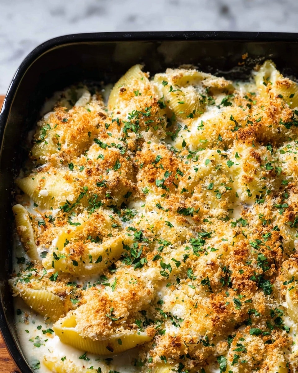 The image shows a close-up of a baked pasta dish in a black baking dish, set against a white marbled texture surface. The pasta shells are coated in a creamy white cheese sauce, covered with a golden brown breadcrumb topping that is unevenly browned, giving a crispy texture. Green herb flakes are sprinkled generously over the top, adding specks of fresh color. The baking dish is filled with many pasta shells layered close together with the sauce bubbling around them. photo taken with an iphone --ar 4:5 --v 7