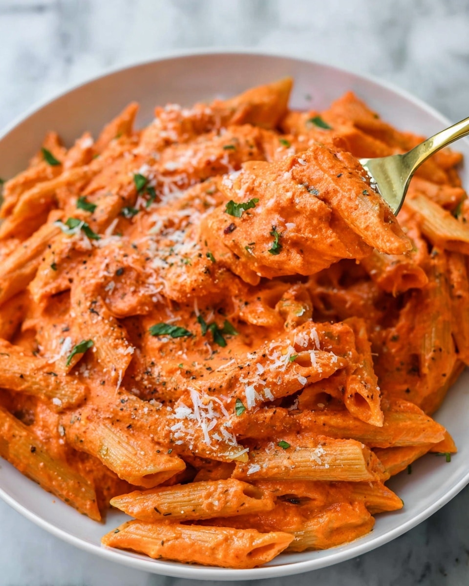 A close-up view of a white bowl filled with penne pasta covered in a thick, creamy, orange-red sauce. The sauce has a smooth but slightly chunky texture that clings to each pasta piece. There are small green herb pieces sprinkled on top, along with grated white cheese lightly scattered over the surface. A golden spoon lifts a portion of the pasta, showing the sauce coating every piece evenly. The whole scene is set against a white marbled background. photo taken with an iphone --ar 4:5 --v 7