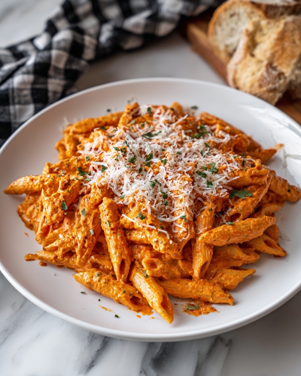 A white plate holds a pile of penne pasta covered in thick, creamy, orange-red sauce. The sauce is generously coating each piece of pasta, creating a rich texture. On top, there is a layer of finely grated white cheese, scattered unevenly but covering most of the pasta. Small green herbs are sprinkled over the cheese, adding a fresh color contrast. In the background, there is a white marbled surface and a piece of crusty bread placed beside the plate, partially in the frame. A checkered black and white cloth is slightly visible behind the plate. Photo taken with an iphone --ar 4:5 --v 7