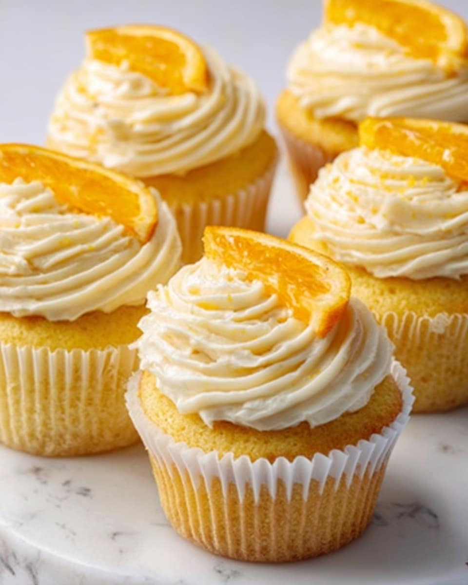 The image shows four cupcakes on a white marbled surface, each with two layers visible: a golden-yellow cake base and a thick swirl of creamy white frosting on top. The frosting has a smooth, slightly ridged texture from the piped swirl, with a small slice of orange placed gently against the side of the frosting on each cupcake. The cupcakes are in white paper liners, and the lighting highlights their soft, moist texture and the bright orange color of the fruit slices. Photo taken with an iphone --ar 4:5 --v 7