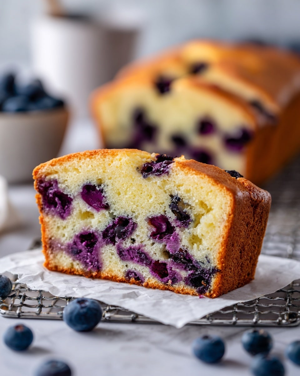 A close-up of a thick slice of blueberry bread resting on a silver cooling rack over a white marbled surface. The bread has a golden-brown crust on top and a soft, light beige inside filled with many whole and crushed deep purple blueberries scattered throughout the slice. The texture looks moist and fluffy with the blueberry juice blending into the dough in some places. A few whole blueberries are placed next to the bread in the background. photo taken with an iphone --ar 4:5 --v 7