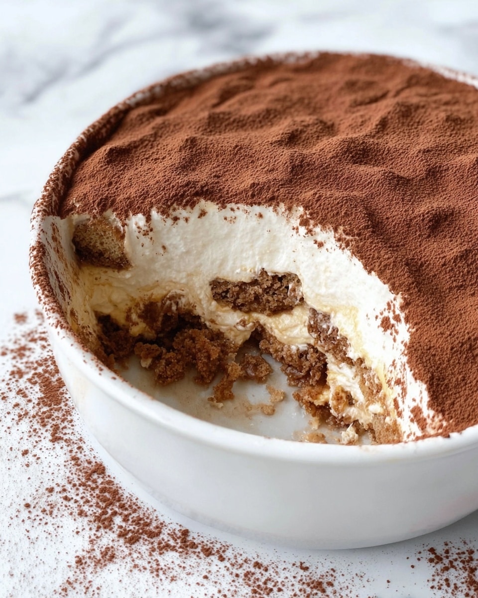 The dessert is shown in a white round dish with several layers visible. The top layer is a fine brown cocoa powder covering a smooth, creamy white layer beneath. Below this creamy layer, there are soft, crumbly brown pieces, likely soaked sponge or cookie layers mixed with cream. Part of the dessert is missing, revealing the textures of the creamy middle and the uneven bottom layer. The dish is placed on a white marbled surface with some cocoa powder scattered around. photo taken with an iphone --ar 4:5 --v 7