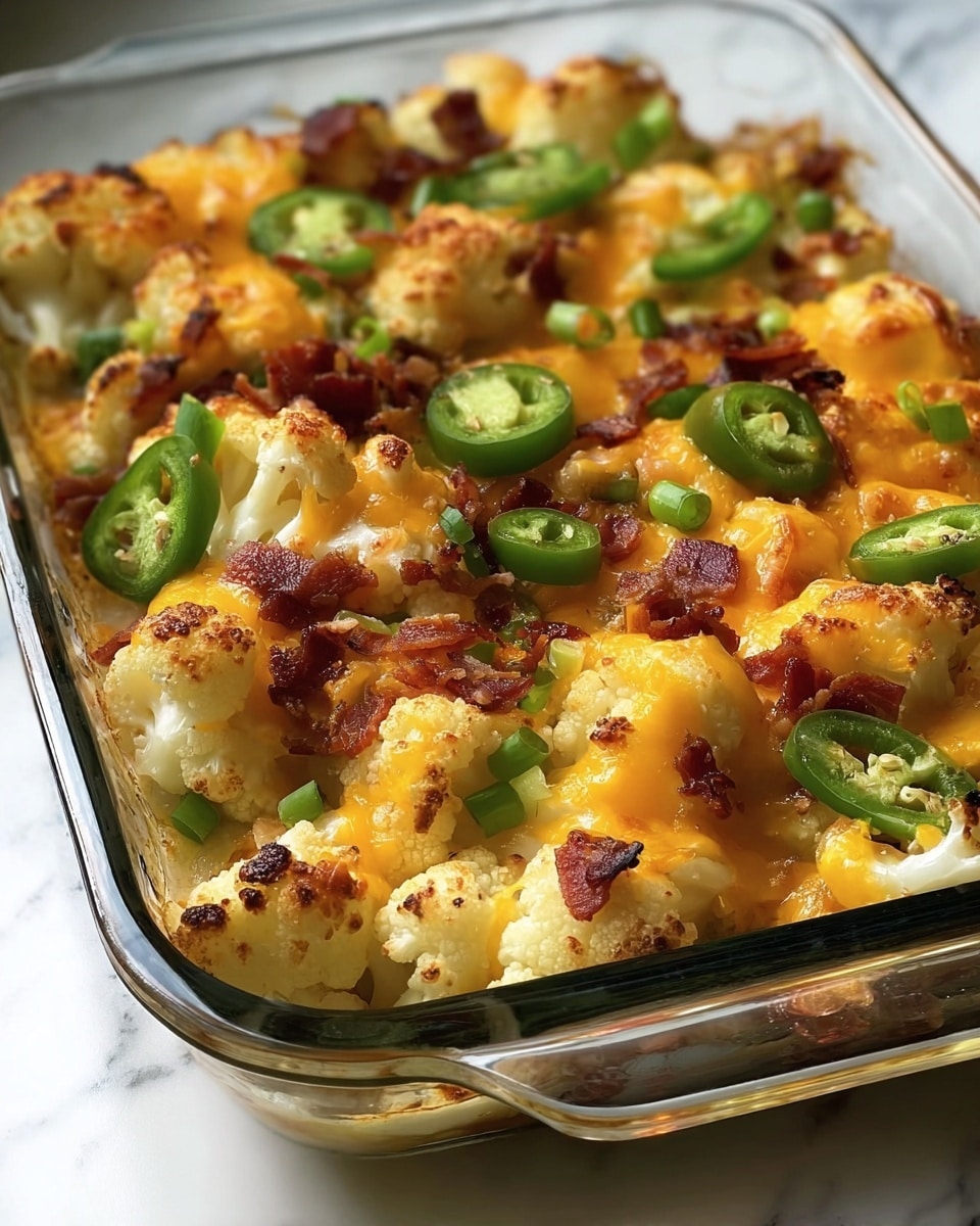 A clear glass baking dish filled with a layered casserole, starting with a base of cooked cauliflower pieces that are white and slightly browned, mixed with slices of green jalapeños scattered throughout. On top of this base are small, crisp chunks of reddish-brown cooked bacon. The whole dish is covered in melted, bright orange cheddar cheese, with some areas more thickly covered, giving a gooey texture. The edges of the baking dish show light browning from cooking. The dish sits on a white marbled surface. photo taken with an iphone --ar 4:5 --v 7