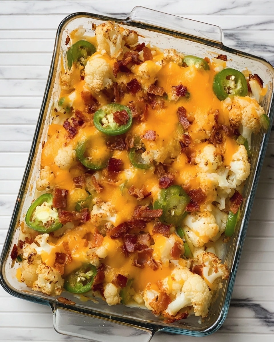 A glass baking dish filled with baked cauliflower florets that have slight brown spots on the edges, covered with melted golden cheddar cheese. Scattered on top are slices of green jalapeño peppers and small pieces of crispy browned bacon. The dish sits on a white marbled surface. photo taken with an iphone --ar 4:5 --v 7
