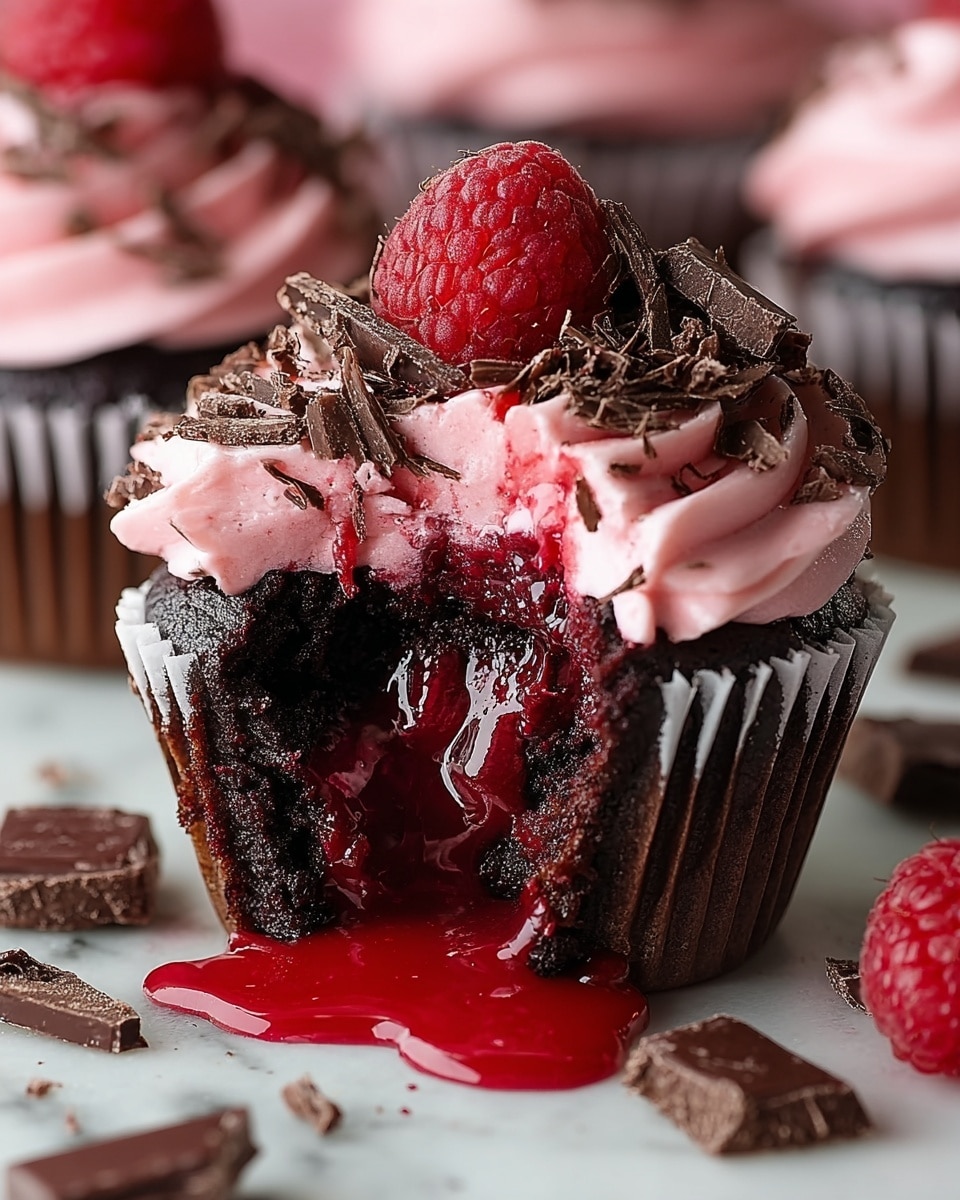 A dark chocolate cupcake with pink frosting swirled on top, sprinkled with pieces of dark chocolate shavings and a whole red raspberry as garnish. The cupcake is cut open in the front, revealing a glossy red liquid filling that flows slightly onto the white marbled surface below. Around the cupcake, there are scattered pieces of dark chocolate and a few fresh raspberries. Photo taken with an iphone --ar 4:5 --v 7