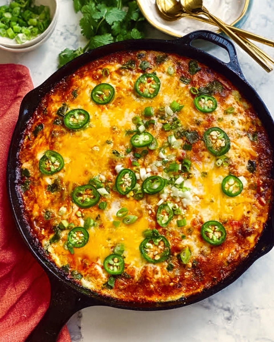The image shows a black cast iron skillet filled with a baked dish that has three visible layers. The bottom layer is a rich, thick tomato sauce with small bits of vegetables. The middle layer contains melted yellow and white cheese spread evenly over the sauce. On top, there are thin slices of jalapeño peppers scattered across, along with some chopped green onions adding pops of green. The skillet is placed on a white marbled surface with some green cilantro leaves on the side, and a white plate with two gold utensils nearby. Photo taken with an iphone --ar 4:5 --v 7