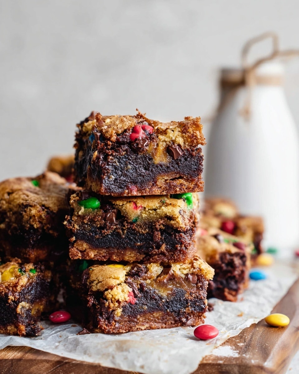 A stack of thick brownies with two visible layers: the bottom layer is dark, rich chocolate with a dense texture, and the top layer is golden brown cookie dough studded with colorful candy-coated chocolates. The edges are slightly crumbly with melted chocolate chunks showing inside. The brownies sit on crumpled parchment paper placed on a white marbled surface, with some colorful candy pieces scattered around. In the blurry background, there is a white ceramic jar tied with a rustic string. photo taken with an iphone --ar 4:5 --v 7