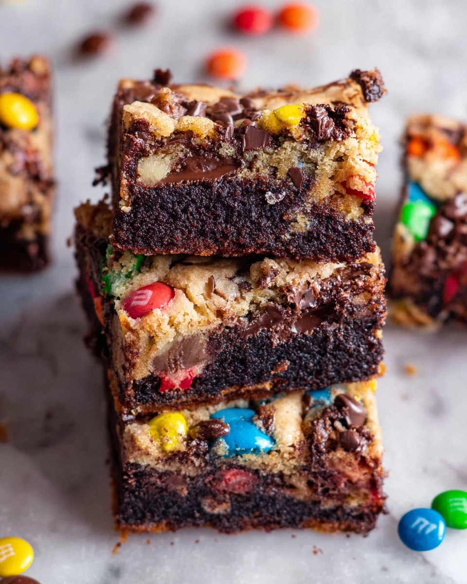 The image shows three stacked dessert bars, each with two clear layers: the bottom layer is a dark, rich chocolate brownie with a moist, dense texture, while the top layer is a lighter, crumbly cookie dough filled with bright, colorful candy pieces like red, yellow, blue, green, and orange M&Ms and melted chocolate chunks visible throughout. The bars have a slightly rough, cracked surface showing the mix of textures and candy colors. Around the bars, there are scattered candy pieces on a white marbled textured surface. photo taken with an iphone --ar 4:5 --v 7