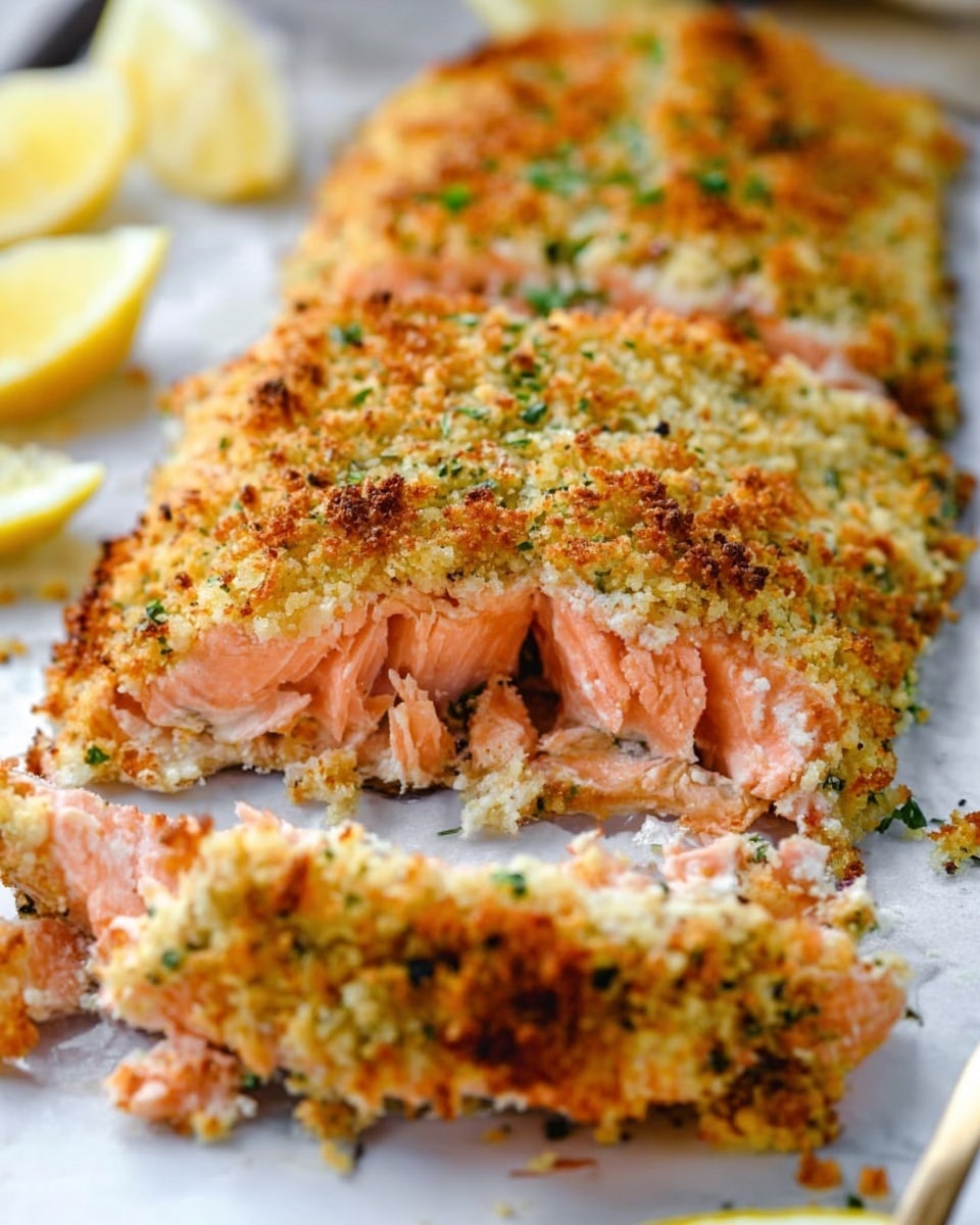 The image shows a baked salmon fillet cut into pieces, placed on a white marbled surface. The salmon has a golden brown crust made of breadcrumbs and herbs, making the top layer crispy and crunchy. The inside of the fish is soft and pink, with juicy flakes visible where it is cut. Small green herb bits are sprinkled on top of the crust. In the background, there are lemon wedges adding a fresh yellow and white color contrast. The focus is on the texture of the crispy crust and tender inside of the salmon. Photo taken with an iphone --ar 4:5 --v 7