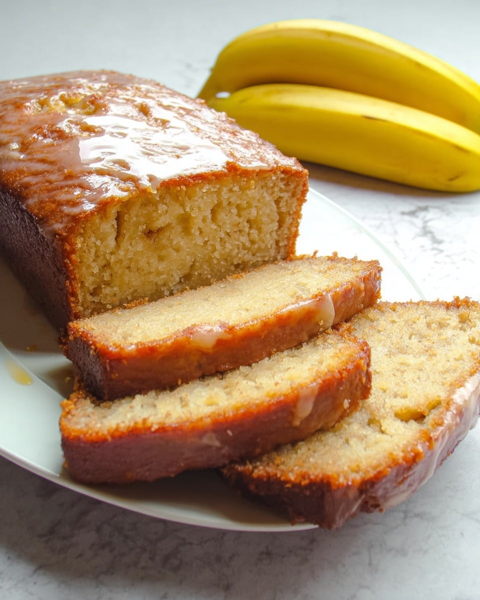 The image shows a loaf of banana bread on a white plate, with four slices cut and slightly spread out to the right. The bread has a golden brown crust with a shiny glaze on top, while the inside is light yellow with a moist texture and small bits of banana visible. Behind the plate, two whole ripe bananas rest on a white marbled surface, adding a natural yellow contrast to the scene. The lighting highlights the glossy top and soft crumb of the bread. photo taken with an iphone --ar 4:5 --v 7