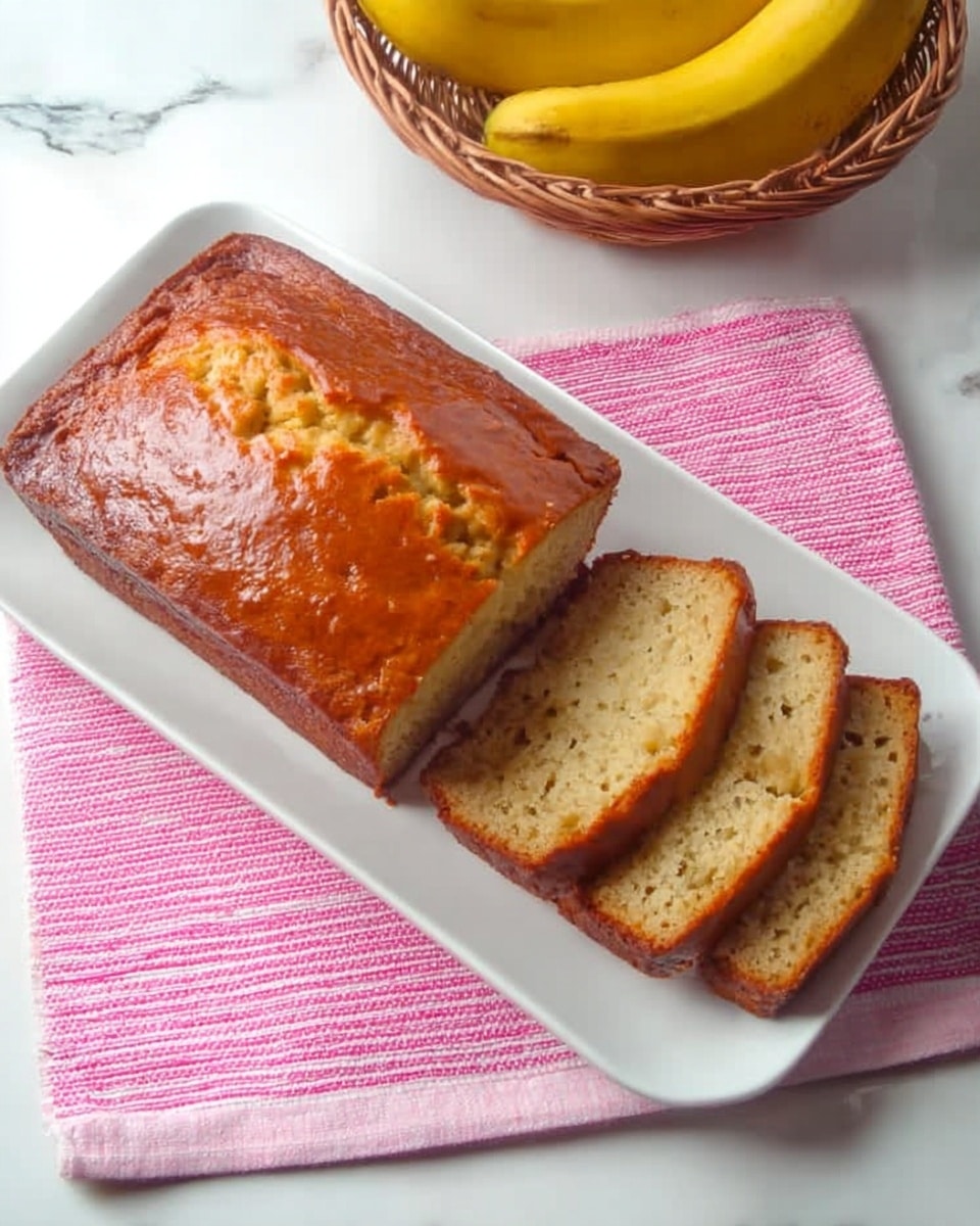 A loaf of banana bread sits on the left side of a white rectangular plate, with three slices neatly cut and fanned out to the right. The bread has a shiny, golden brown crust on top with a moist, light yellow interior showing small air holes and bits of banana. The plate is on a pink and white striped cloth placed over a white marbled surface. In the top right corner, there is a round basket with ripe bananas resting inside. photo taken with an iphone --ar 4:5 --v 7