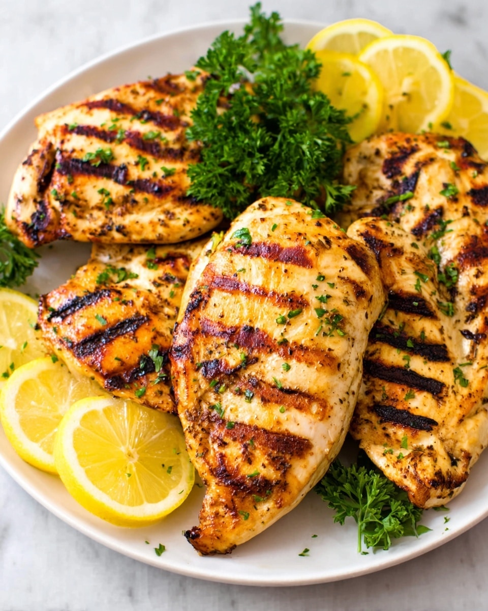 The image shows four grilled chicken breasts with clear dark grill marks and a golden-brown color placed closely together on a white plate. The chicken breasts have a slightly shiny texture, and small green parsley leaves are sprinkled on top, with a small bunch of parsley placed in the center for garnish. Bright yellow lemon wedges are arranged neatly behind the chicken, adding a pop of color. The plate is set on a white marbled surface, creating a clean and fresh backdrop. Photo taken with an iphone --ar 4:5 --v 7