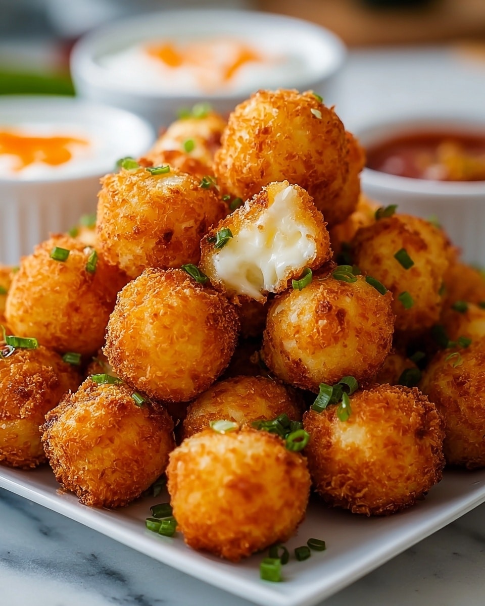A close-up image of a white square plate piled high with golden brown crispy fried cheese balls, each roughly spherical with a crunchy textured outer layer and a soft creamy white center peeking out in some areas. The cheese balls are garnished with small bits of finely chopped green chives scattered evenly on top. In the blurred background, multiple small white bowls hold different dips, including one with white sauce topped with an orange swirl, and another with a reddish sauce. The plate rests on a white marbled surface. photo taken with an iphone --ar 4:5 --v 7