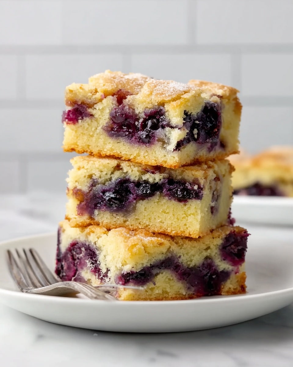 Three square pieces of blueberry cake are stacked on a white plate sitting on a white marbled surface. Each cake piece shows a golden-brown top layer with a slightly crumbly texture, and inside, there are visible dark purple blueberries embedded in a moist, light yellow cake layer. The middle and bottom pieces also show some juicy blueberry parts that have spread slightly into the cake. Next to the plate, a silver fork lies on the surface. The background has a soft white tile wall that is out of focus. photo taken with an iphone --ar 4:5 --v 7