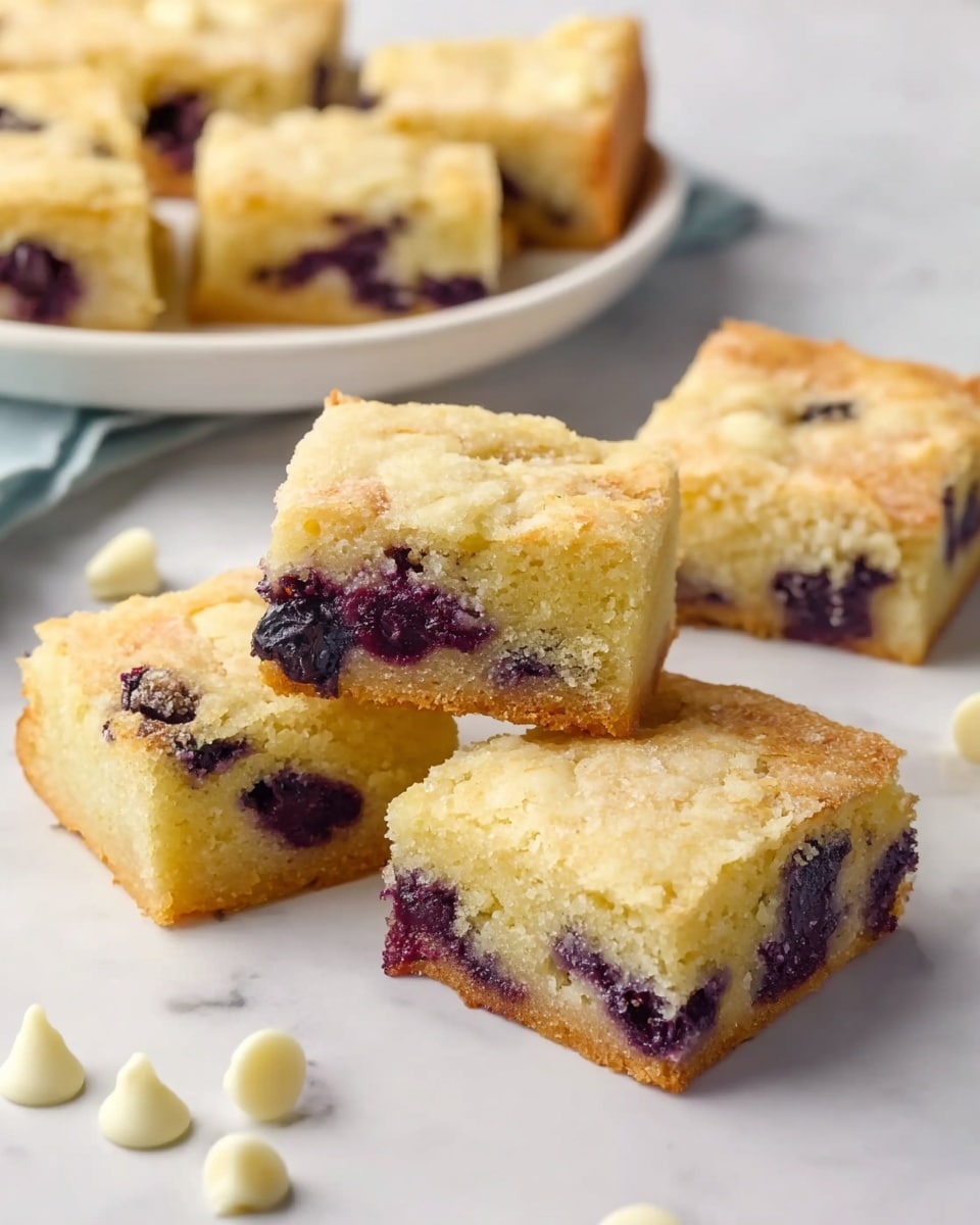 The image shows several square baked bars with a golden-brown top layer that looks slightly crumbly and textured. Each bar has about two layers: the top is a golden crust, while the bottom is a soft, pale yellow cake layer with visible dark purple spots from blueberries mixed inside. The bars are scattered on a white marbled surface with a few white chocolate chips nearby. Some bars are stacked, one resting on another, showing their thickness and light, moist interior. In the background, there is a white plate holding three more bars. Photo taken with an iphone --ar 4:5 --v 7
