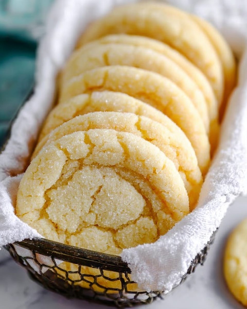 A close-up image shows a row of soft, light yellow cookies with a sugar-coated texture, arranged neatly in a lined white cloth inside a black wire basket. The cookies have a slightly cracked surface and a round shape, with some cookies visible in the blurred background on the right side. The whole scene is set on a white marbled surface. photo taken with an iphone --ar 4:5 --v 7