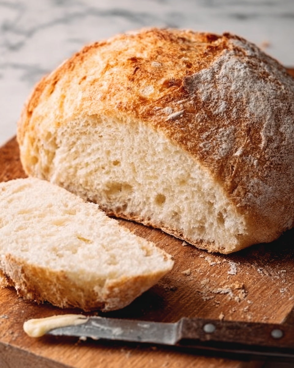 The image shows a loaf of rustic bread with a golden-brown, slightly cracked crust on top. It is placed on a wooden board with a few crumbs around. In front of the loaf, there is one thick slice cut off, displaying the soft, light cream-colored inside with an airy texture. On the board next to the slice lies a butter knife with a dark handle. The background is a white marbled surface, creating a clean, simple look. Photo taken with an iphone --ar 4:5 --v 7