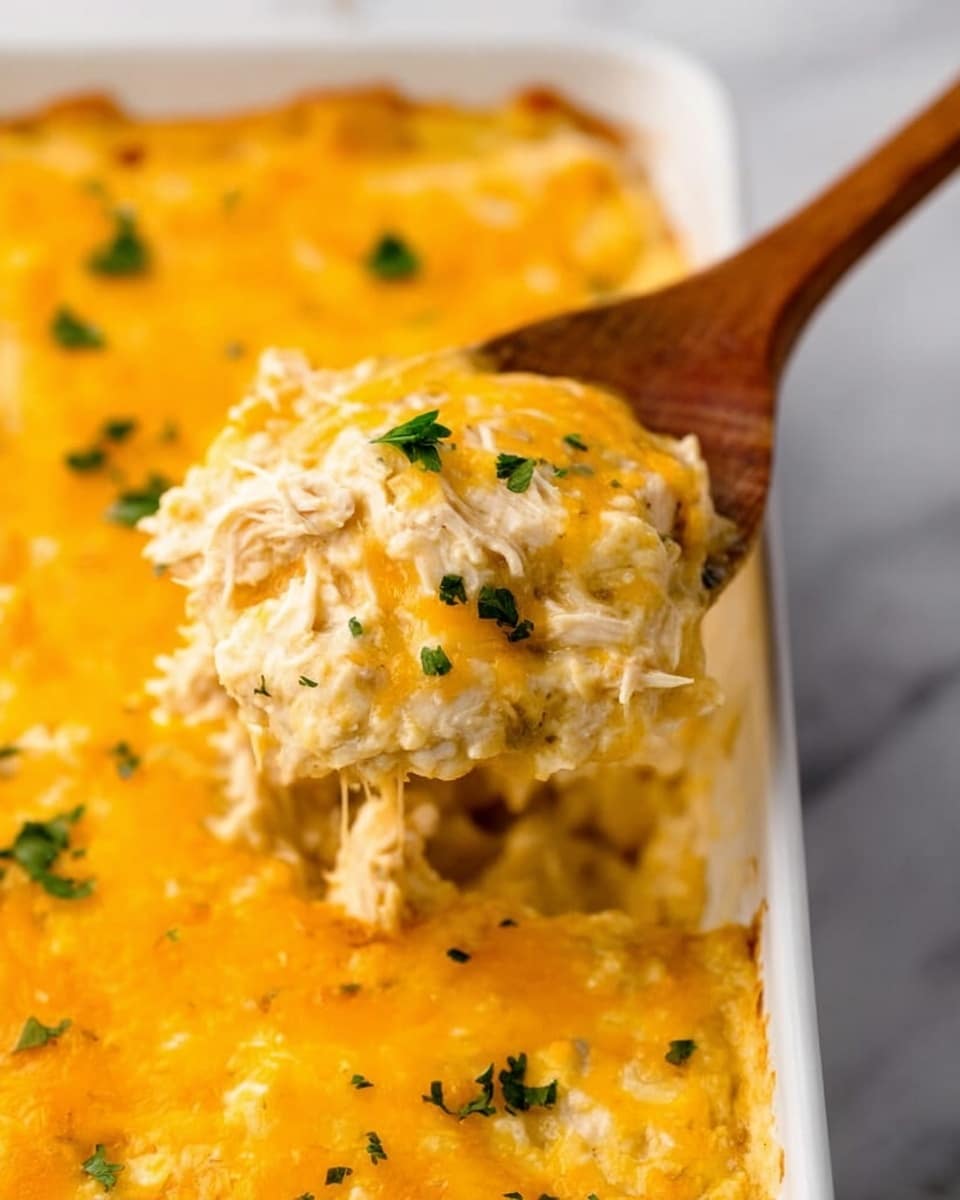 A close-up view of a wooden spoon lifting a scoop of cheesy baked chicken casserole from a white rectangular dish resting on a white marbled surface. The dish is filled with a thick, golden-yellow cheese sauce with melted cheese on top that glistens and slightly bubbles. The scoop reveals shredded white chicken mixed into the creamy cheese layer, with small bits of green herbs scattered throughout both the topping and inside the mixture. The spoonful is slightly textured with melted cheese strands and tender chicken fibers visible. Photo taken with an iphone --ar 4:5 --v 7