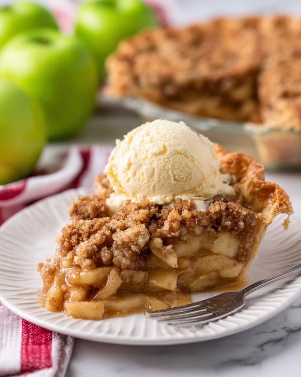 A slice of apple crumble pie sits on a white plate with ridged edges, showing three layers: a golden-brown flaky crust at the bottom, a thick middle layer of sliced apples in syrup with a glossy, light tan color, and a crumbly, textured topping with a mix of brown sugar and cinnamon shades. On top of the slice, there is a single scoop of creamy vanilla ice cream with a smooth, pale yellow color, starting to melt slightly along the edges. In the background, a clear glass pie dish holds the rest of the apple crumble pie, filled with the same layers, and several bright green apples with smooth skin are blurred out on a white marbled surface. A metal fork is placed in front, with part of a woman's hand visible near a cloth with red and white stripes. photo taken with an iphone --ar 4:5 --v 7