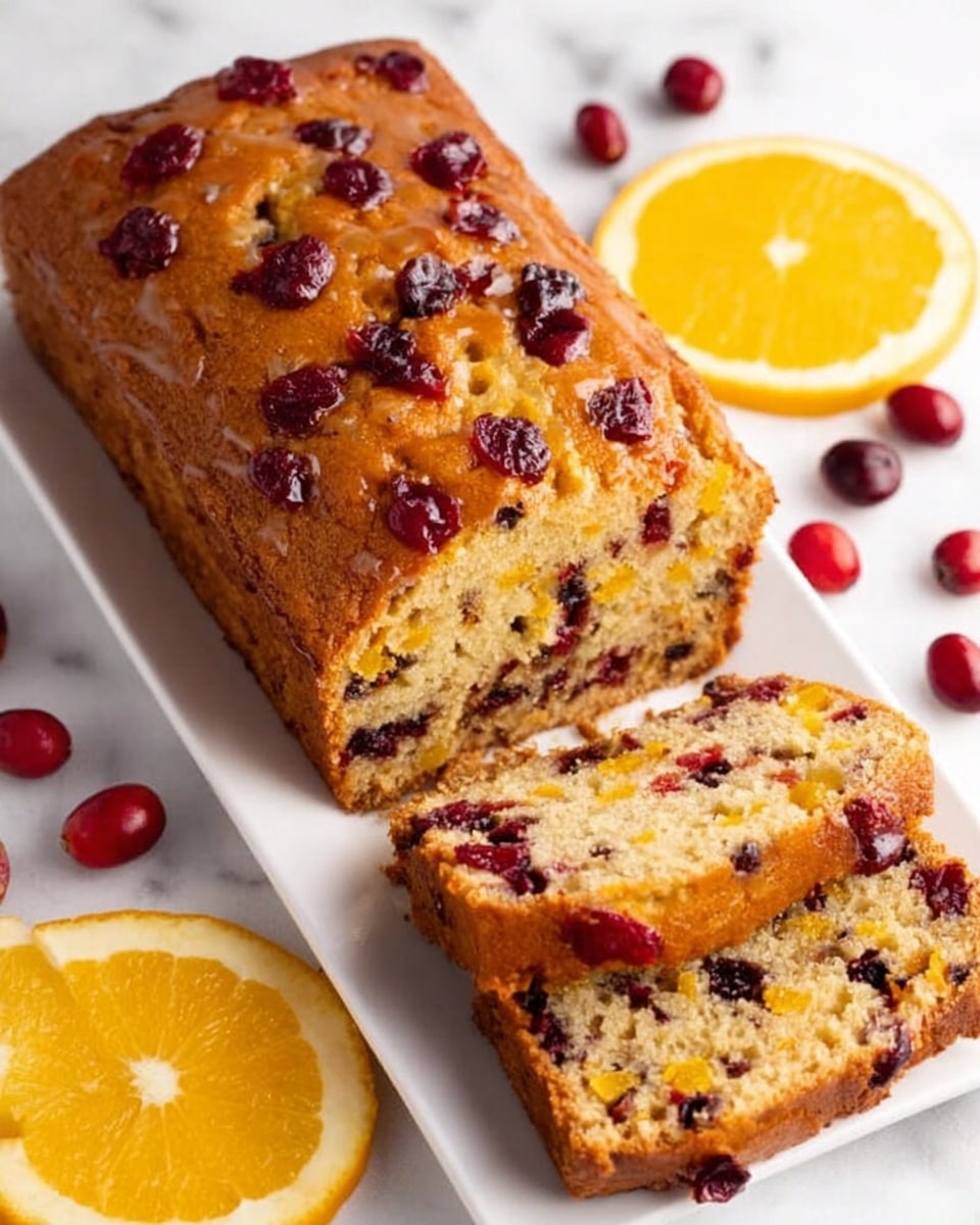 A moist-looking rectangular loaf cake topped with glossy baked cranberries, resting on a long white rectangular plate set on a white marbled surface. The cake has a light brown crust with a cracked top revealing the moist interior filled with cranberries and small orange zest pieces. Two thick slices are cut and laid at the end of the loaf, showing a soft, dense crumb dotted with dark red cranberries and bits of orange zest inside. Around the plate, small fresh cranberries and several bright yellow lemon and orange wedges are scattered. Photo taken with an iphone --ar 4:5 --v 7