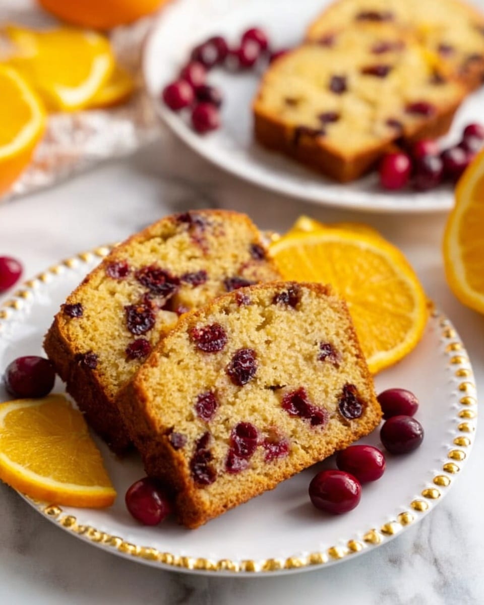 A white round plate with a gold beaded edge holds two thick slices of orange cranberry bread. The bread is light brown with dark red cranberries mixed throughout. Around the plate on a white marbled surface are fresh whole cranberries and bright orange slices with a juicy texture. In the background, there are more slices of the bread on a white plate. The lighting is soft and natural, making the colors of the bread and fruit look fresh and inviting. Photo taken with an iphone --ar 4:5 --v 7