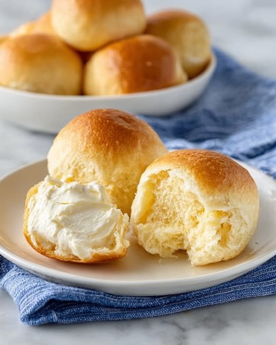 The image shows a small white plate with three soft bread rolls on it. One roll is whole and golden brown on top with a smooth texture, while another is split open, revealing a fluffy, light yellow inside. The third roll is partially torn, showing a swirl of creamy white butter inside. The plate is placed on a white marbled surface next to a blue and white striped cloth. In the background, there is a white bowl filled with more bread rolls, slightly out of focus. Photo taken with an iphone --ar 4:5 --v 7