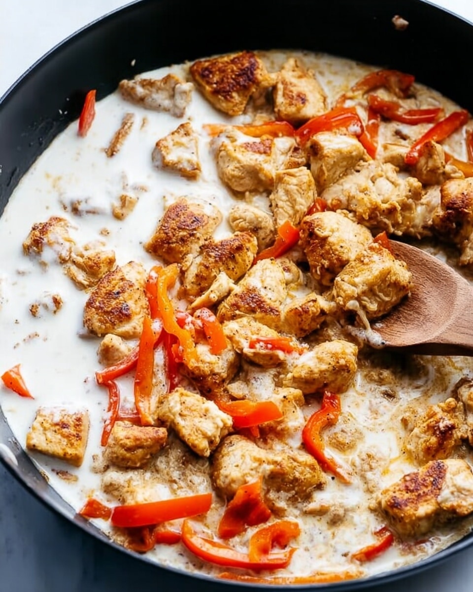 The dish shows a black pan filled with cooked pieces of chicken that are golden brown with a light crust, mixed with thin strips of red bell peppers scattered around the edges. A smooth, creamy white sauce is spread unevenly over the chicken, covering about half of it and creating a soft contrast with the brown and red colors. A wooden spoon rests on the right side of the pan, partly dipped in the sauce and chicken. The pan sits on a white marbled surface, adding a clean and bright background to the warm colors of the food. photo taken with an iphone --ar 4:5 --v 7