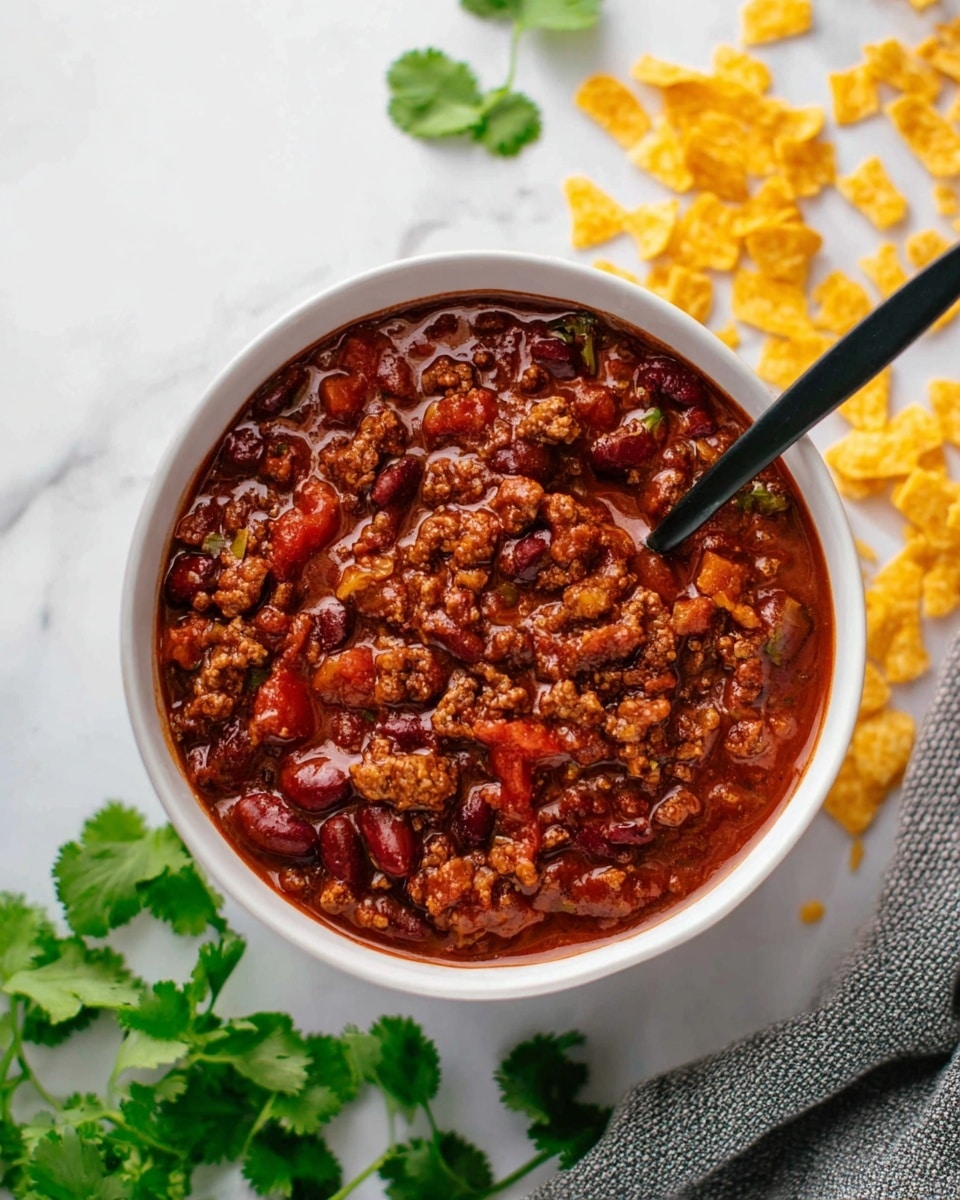 A white bowl filled with thick chili showing rich dark red and brown colors from the cooked beans, ground meat, and tomato sauce layers, with small chunks of tomatoes and beans visible throughout; a black spoon is partially dipped into the chili on the right side of the bowl; next to the bowl on the white marbled surface are scattered bright golden yellow cheese curls, and fresh green cilantro leaves are placed near the top edge of the frame; a textured grey cloth is partly visible at the bottom right corner. Photo taken with an iphone --ar 4:5 --v 7