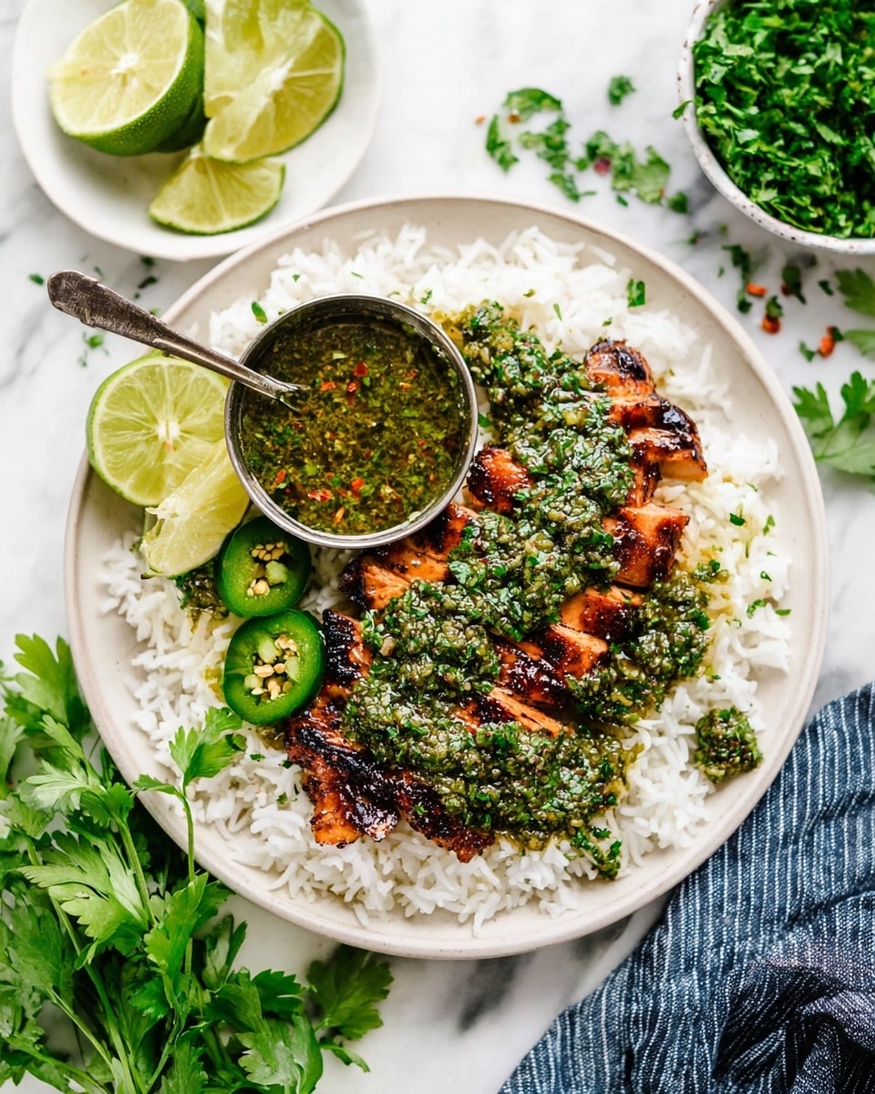A white plate sits on a white marbled surface, holding a bed of cooked white rice as the base layer. On top of the rice, there are thick slices of grilled chicken breast with a dark, caramelized char on the edges, topped generously with a bright green chimichurri sauce made of chopped herbs and spices. To the side of the chicken, there are slices of fresh green jalapeño and lime wedges positioned on the rice. A small silver cup filled with more green chimichurri sauce rests on the plate partially over the rice, near the chicken. Fresh green parsley leaves are placed as garnish around the dish. The scene includes a white bowl of extra chimichurri sauce and a white bowl of parsley in the background, along with scattered lime wedges and a bottle of golden oil, and a gray-striped cloth nearby. Photo taken with an iphone --ar 4:5 --v 7