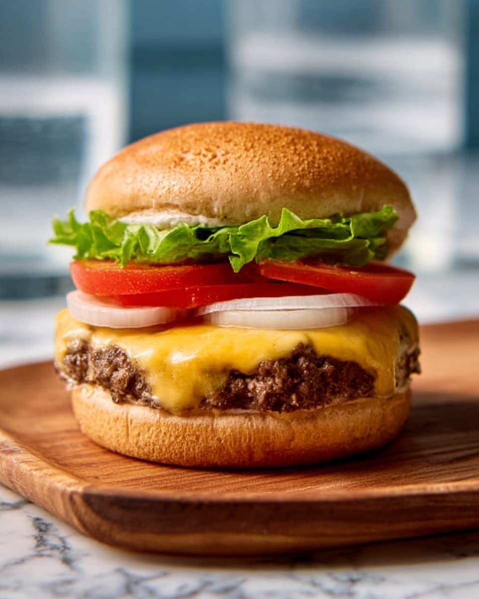 A close-up image of a cheeseburger on a white bun with a wooden surface below and a glass of water blurred in the background on a white marbled texture. The burger has four main layers visible: the bottom bun is light brown and soft, topped with a juicy beef patty covered in melted bright yellow cheese, followed by two thick red tomato slices, a layer of fresh light green lettuce, and thin white onion rings. The top bun is also light brown and slightly crusty. Photo taken with an iphone --ar 4:5 --v 7