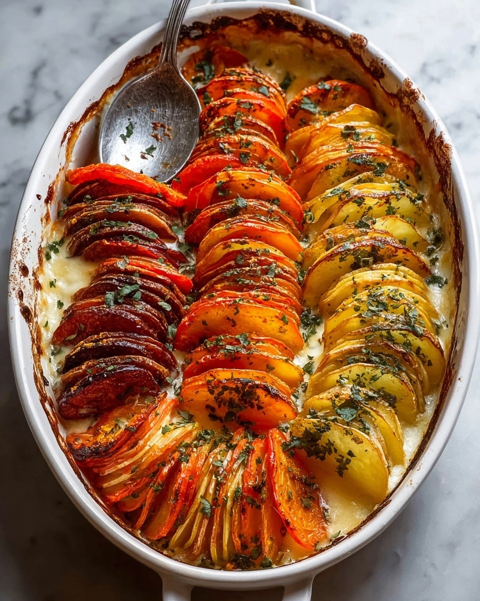 In a white oval baking dish filled with creamy melted cheese at the bottom, there are two rows of thinly sliced vegetables arranged standing up. One row has several layers of orange and deep red slices, slightly crispy and dusted with green herbs. The other row next to it has many layers of golden yellow to light orange slices, also topped with green herbs. A silver spoon rests inside the dish, leaning against the side of the vegetable rows. The dish sits on a white marbled surface. photo taken with an iphone --ar 4:5 --v 7