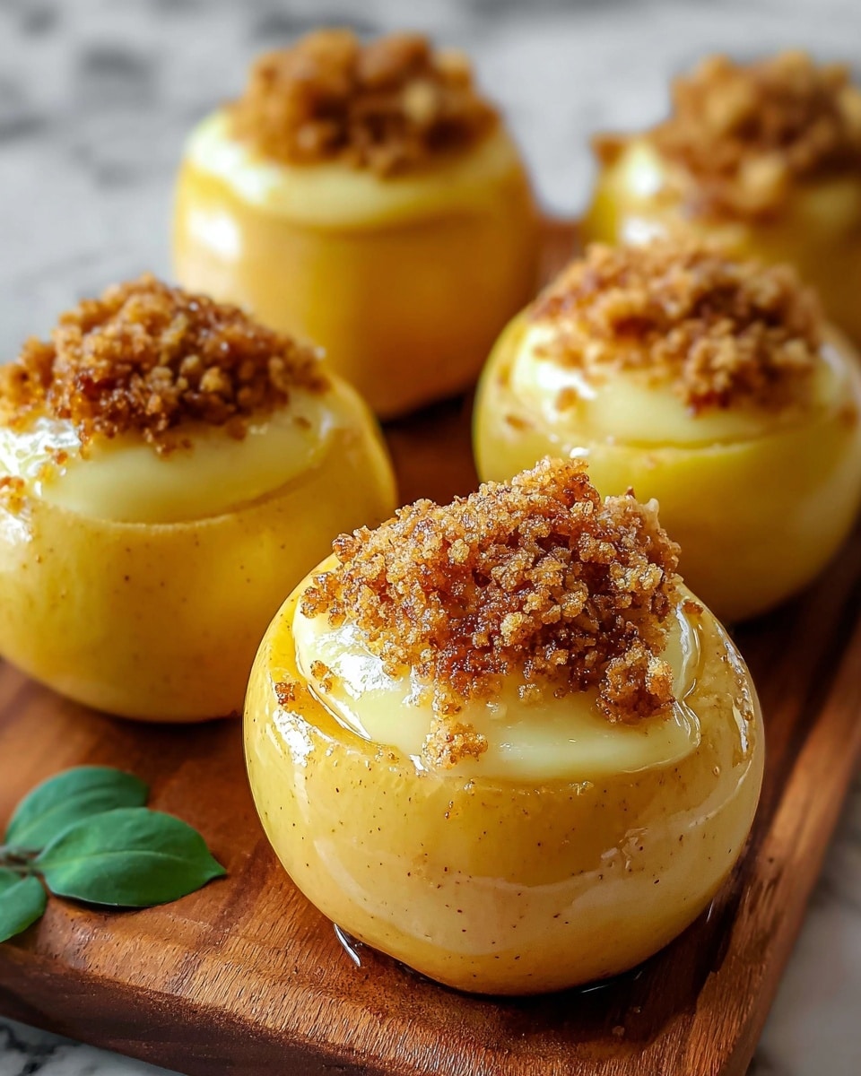 The image shows a close-up of four baked apples, each hollowed out and filled with a creamy pale yellow custard layer. On top of the custard, there is a crumbly golden brown streusel topping that looks slightly crunchy and shiny. The baked apple skins are light golden-yellow, slightly shiny and soft but holding their shape. The apples are arranged on a wooden board, and there is a small green leaf near the bottom left corner. The background is softly blurred with a white marbled texture. photo taken with an iphone --ar 4:5 --v 7